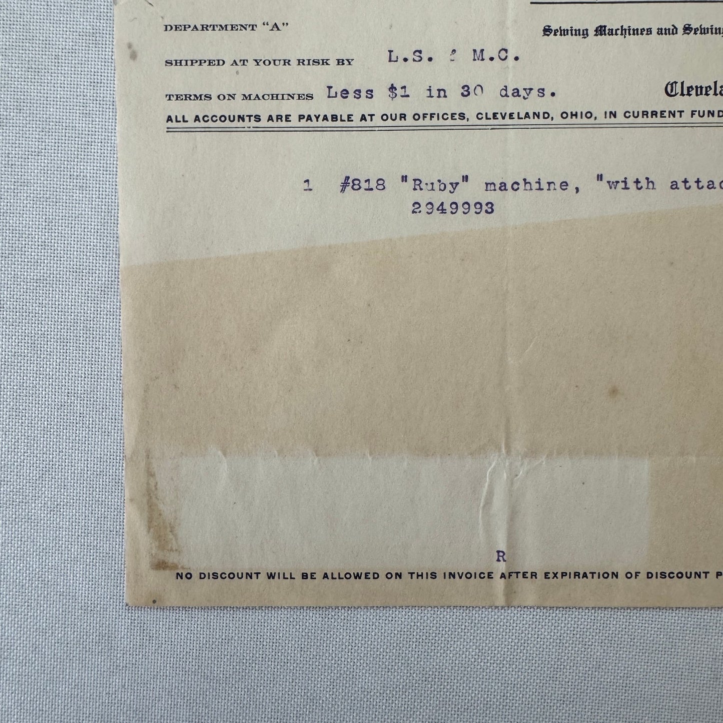 James M Richardson Company Receipt Invoice Document 1908 Sewing Machine Ohio