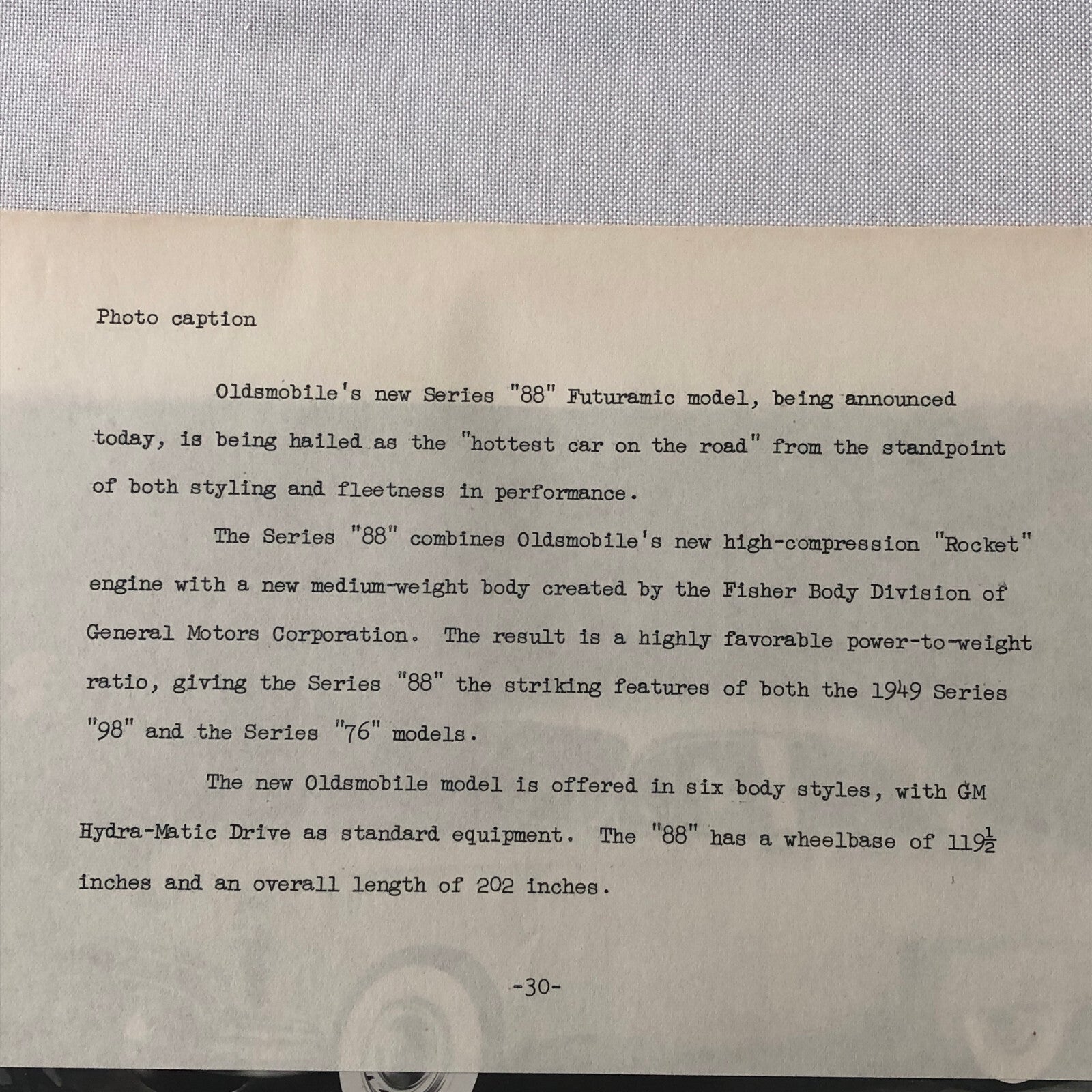 1949 Oldsmobile Series 88 Futuramic Sedan Factory Press Photo Photograph