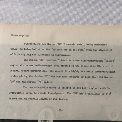 1949 Oldsmobile Series 88 Futuramic Sedan Factory Press Photo Photograph