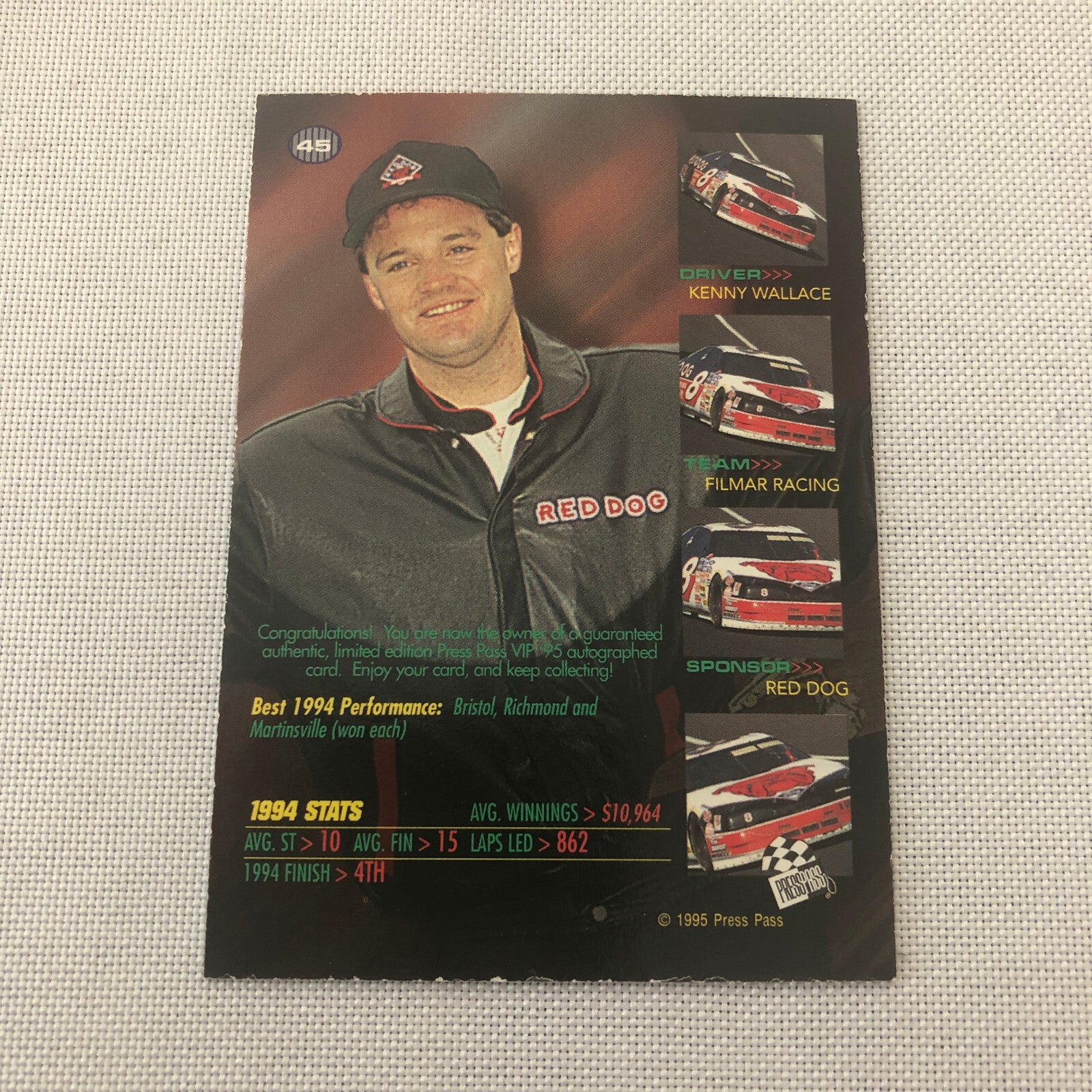 1995 Press Pass Kenny Wallace Auto Autograph Signature Signed Card NASCAR