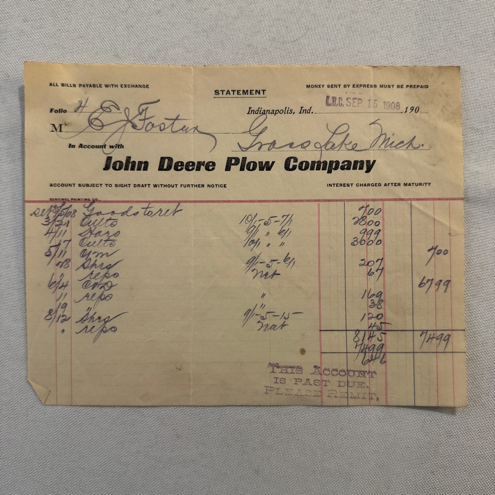 1908 John Deere Plow Company Antique Document Receipt Invoice Farm Equipment