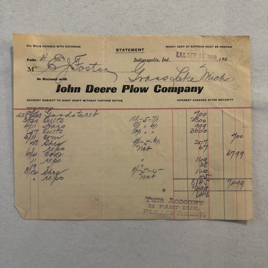 1908 John Deere Plow Company Antique Document Receipt Invoice Farm Equipment