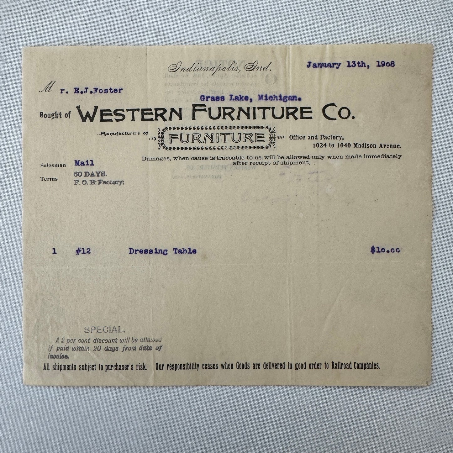 Western Furniture Company Receipt Invoice Document Letterhead 1908 Indianapolis