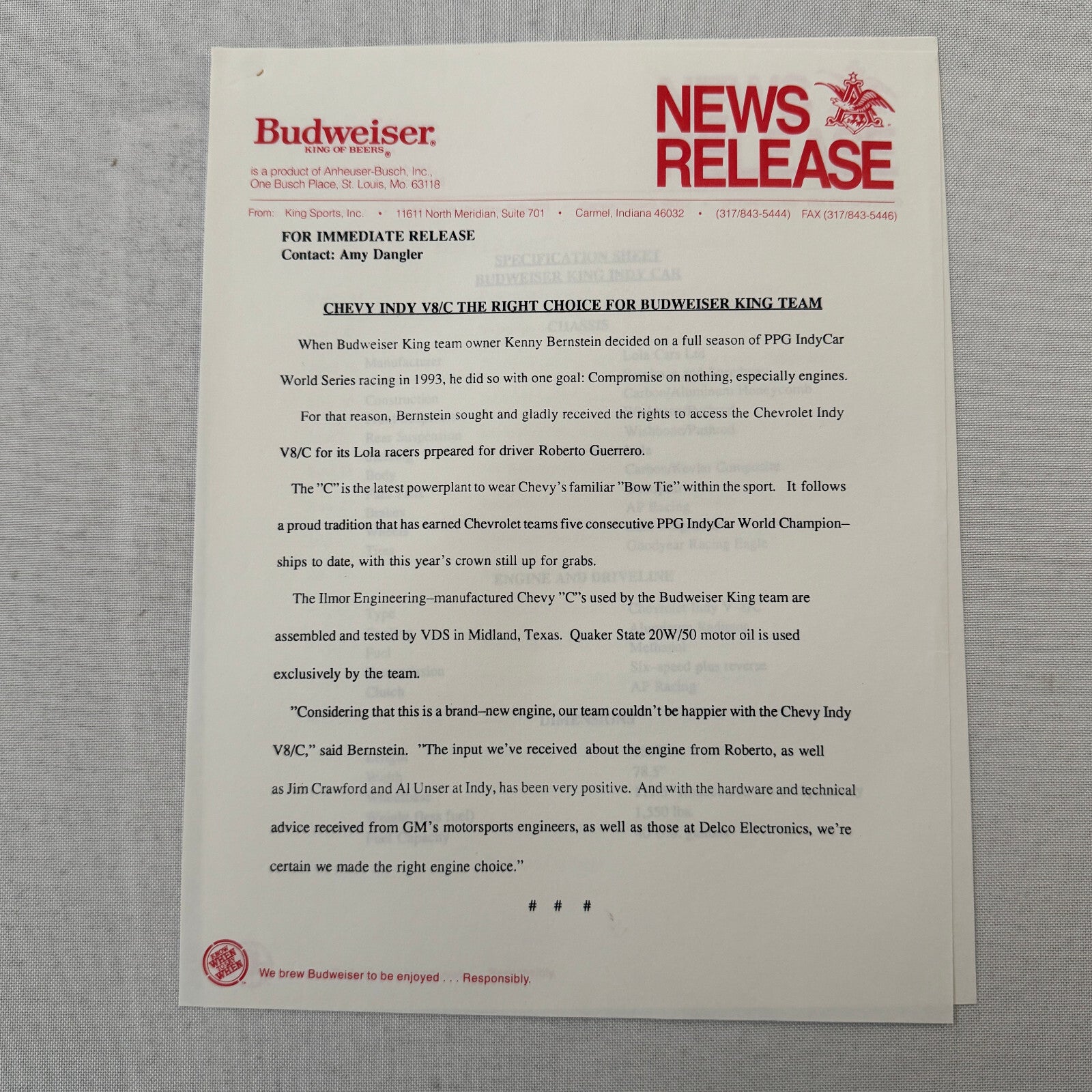 1993 Budweiser King Indy Car Racing Press Kit Roberto Guerrero