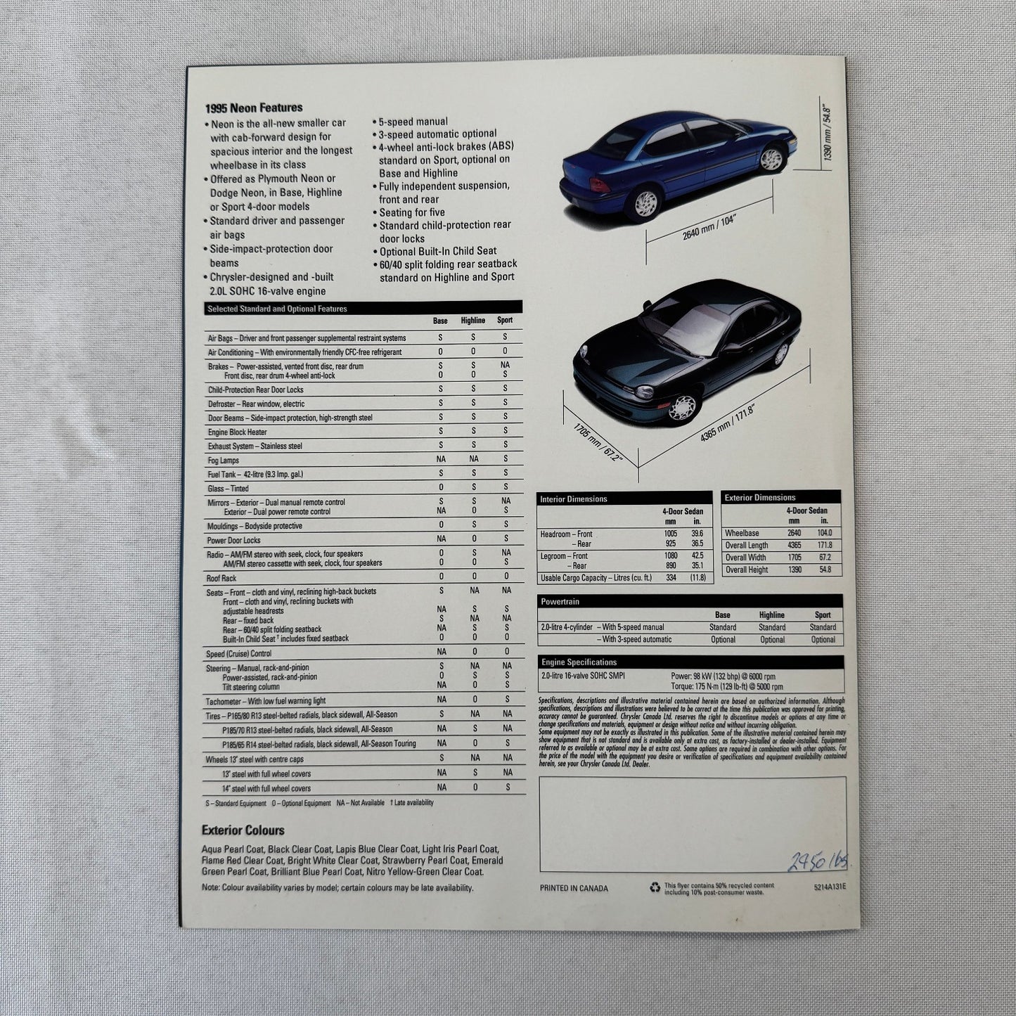 1995 Chrylser Dodge Neon Car Sales Brochure Catalog Canadian