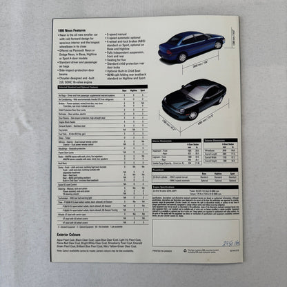 1995 Chrylser Dodge Neon Car Sales Brochure Catalog Canadian