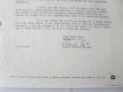 1956 REO Motors inc Letter Letterhead Document REO Truck Bus +