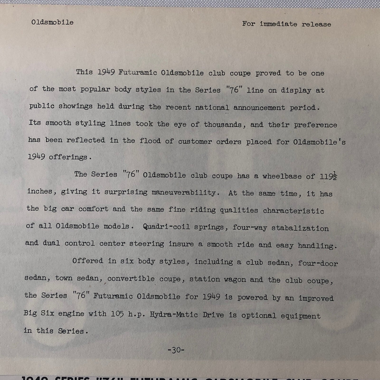 1949 Oldsmobile Series 76 Futuramic Club Coupe Factory Press Photo Photograph