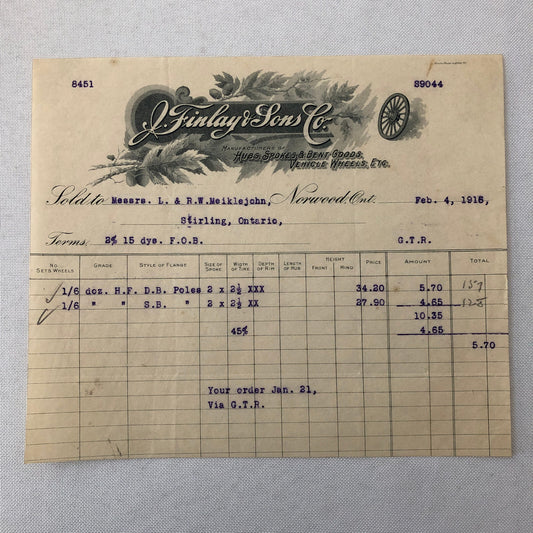 Antique Wheel Company J Finlay and Sons Billhead Letterhead Document 1915