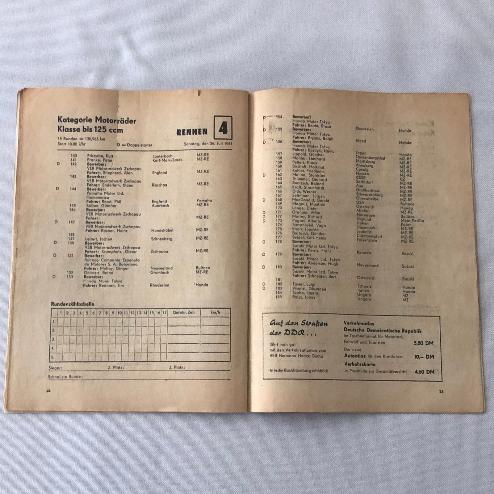 1964 Sachsenring Motorcycle Racing Grand Prix Race Program Book German