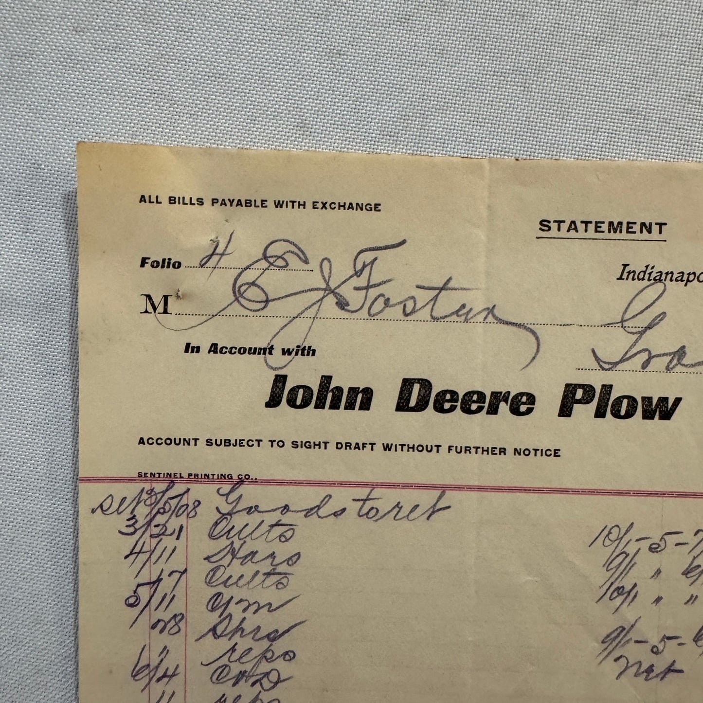 1908 John Deere Plow Company Antique Document Receipt Invoice Farm Equipment
