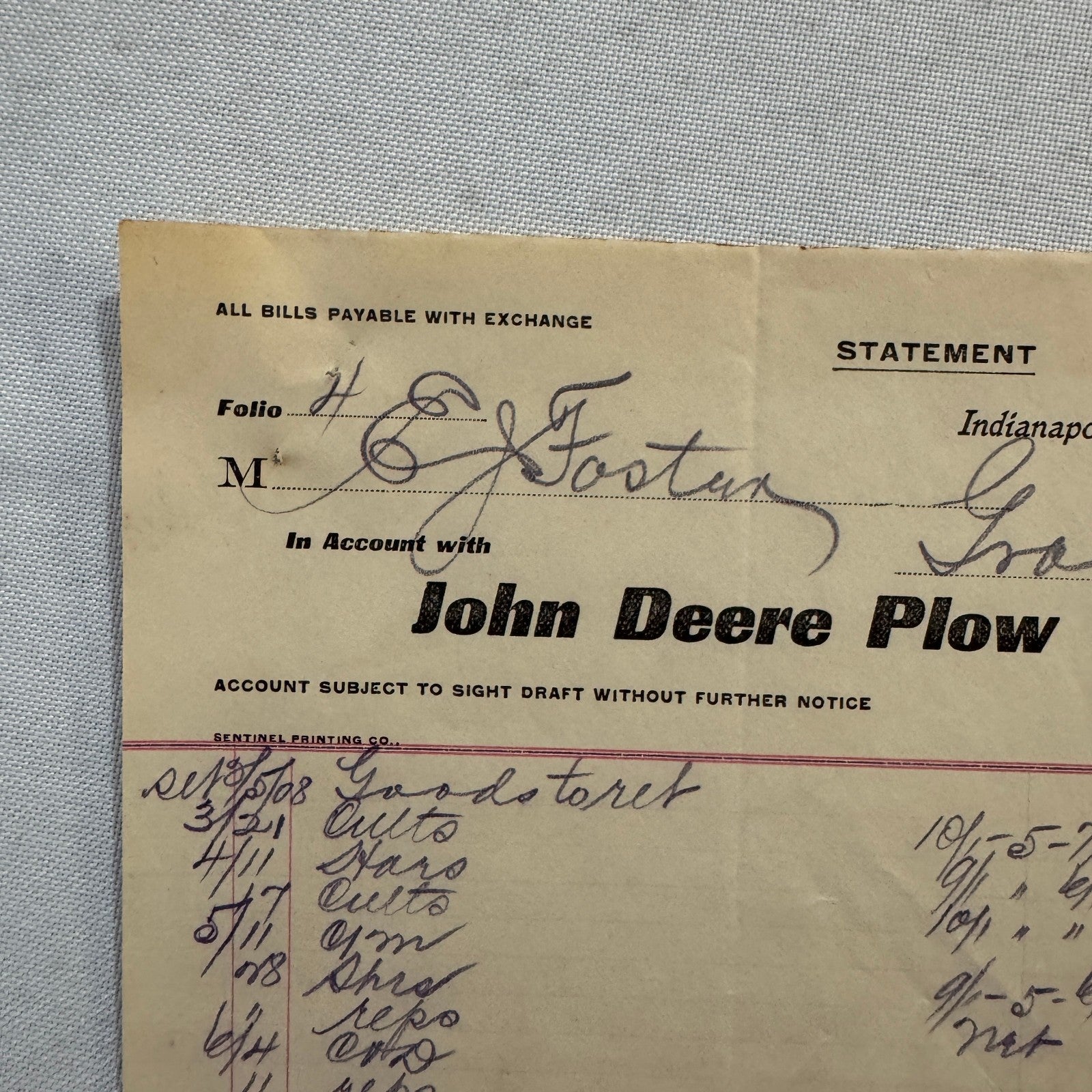 1908 John Deere Plow Company Antique Document Receipt Invoice Farm Equipment