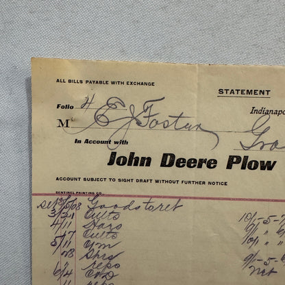 1908 John Deere Plow Company Antique Document Receipt Invoice Farm Equipment