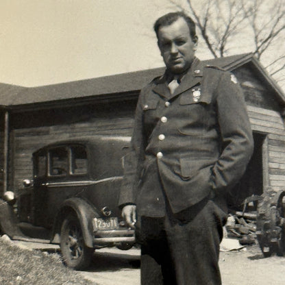 Vintage Photo Photograph Print Snapshot Man in Uniform with Early Automobile