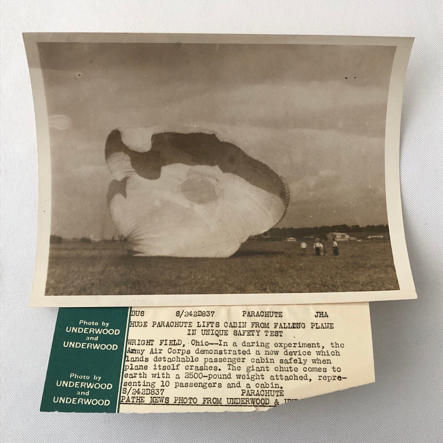 Press Photo Photograph Early Flight Parachute Test Aircraft Wright Field Ohio