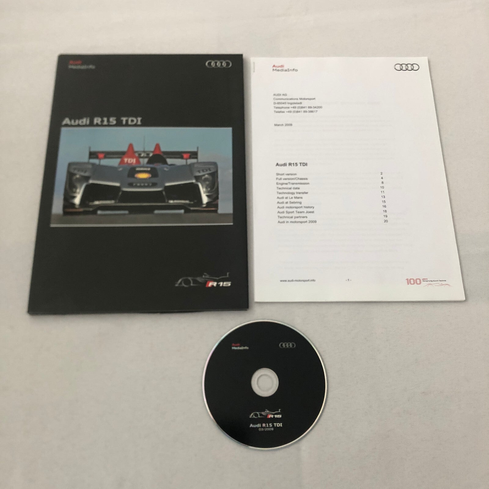 2009 Audi R15 TDI Press Kit Le Mans Sebring Racing Car Brochure CD