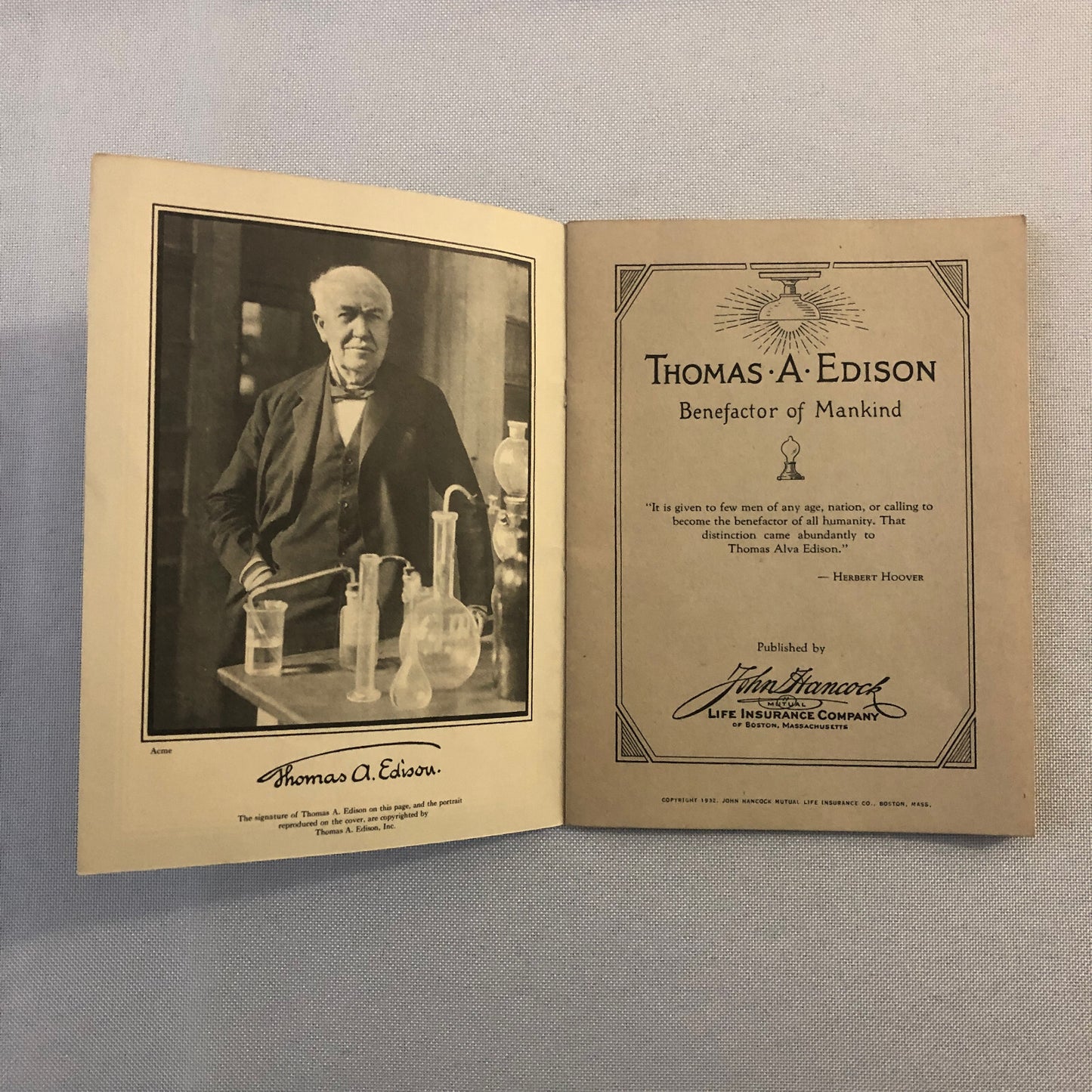 1932 John Hancock Life Insurance Company of Boston Thomas Edison Book