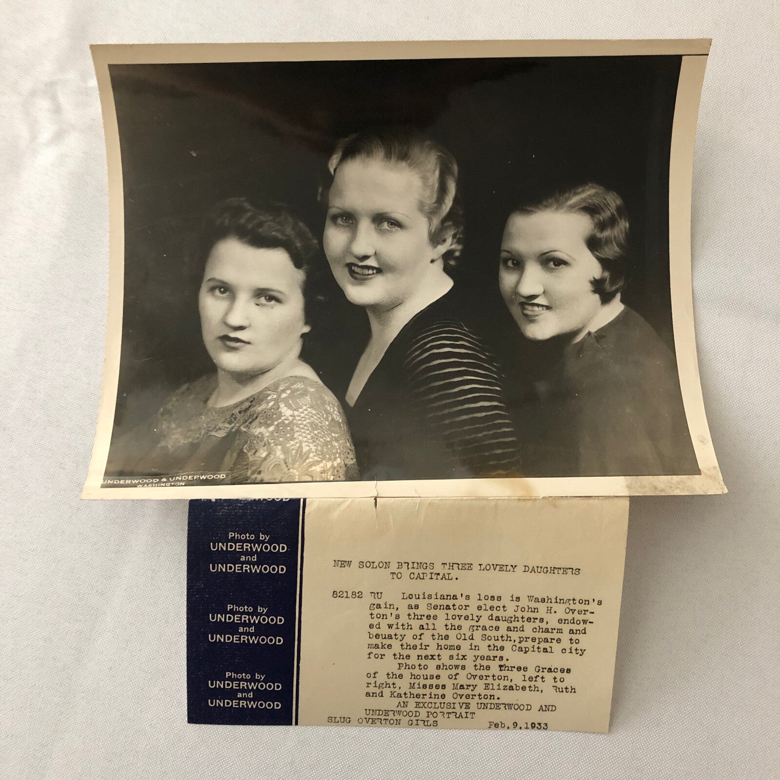Press Photo Photograph Senator John H Overton Daughters Family 1933 Louisiana