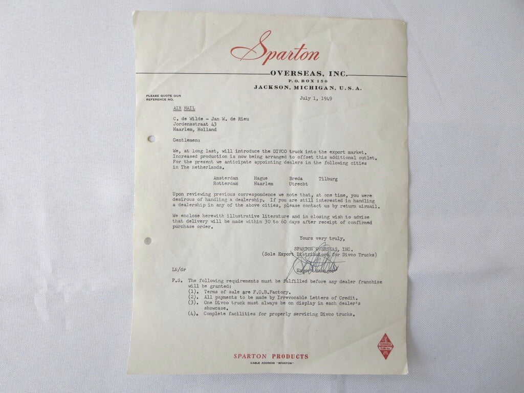 1949 Sparton Overseas Divco Truck Letter Letterhead Document 