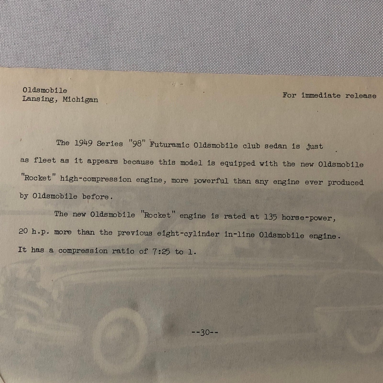 1949 Oldsmobile Series 98 Futuramic Club Factory Press Photo Photograph Print