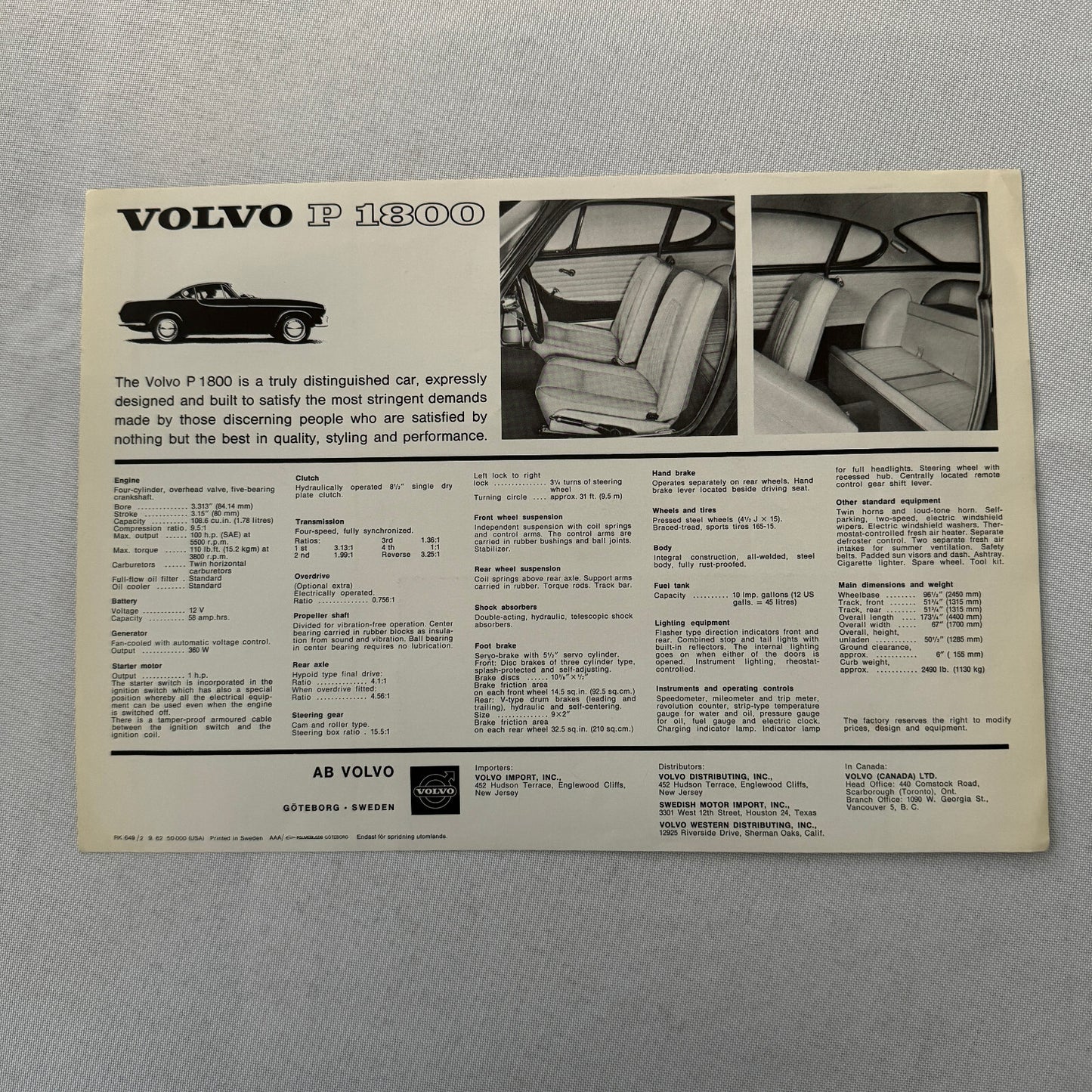 Volvo P1800 Car Sales Brochure Catalog Vintage Advertising Volvo P 1800