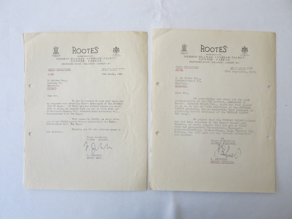 1939 - 1956 Rootes Letter Letterhead Document Lot of 21 Sunbeam Talbot Hillman +