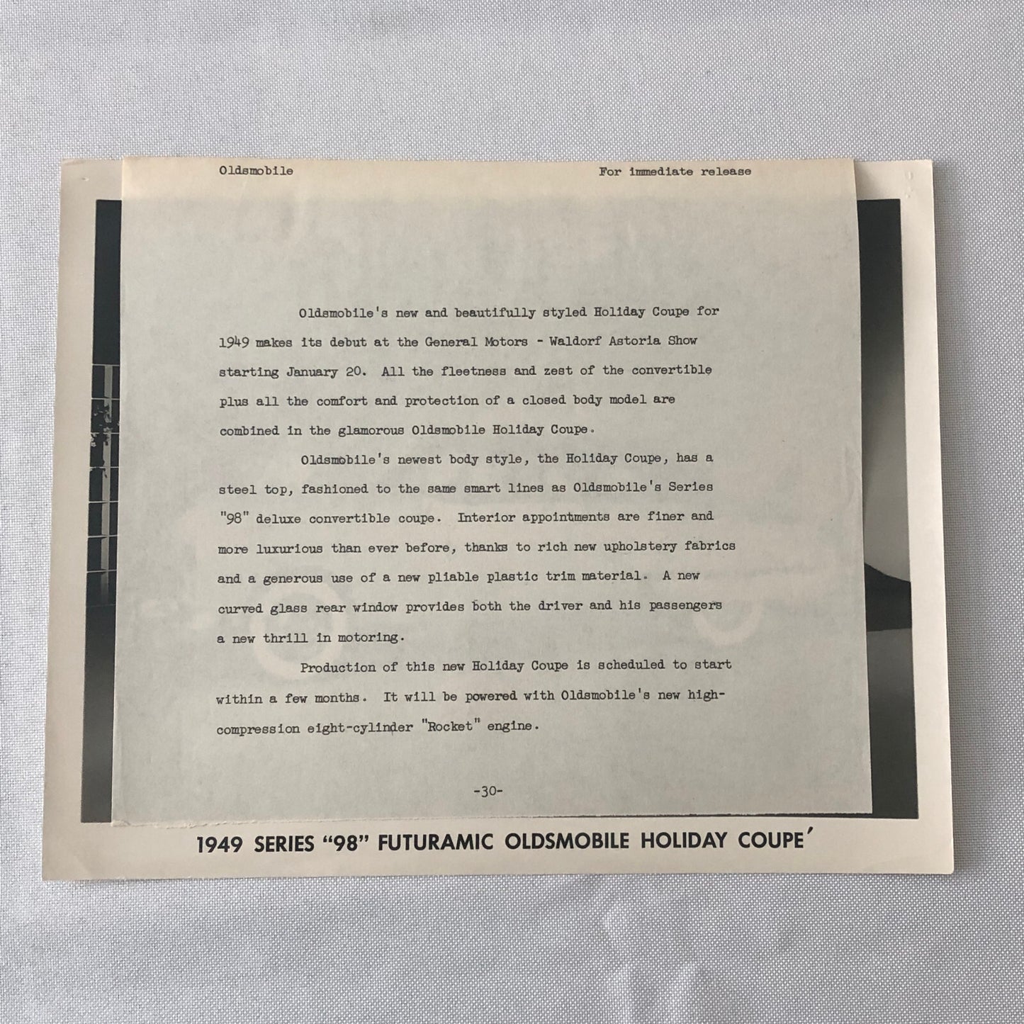 1949 Oldsmobile Series 98 Futuramic Coupe Factory Press Photo Photograph