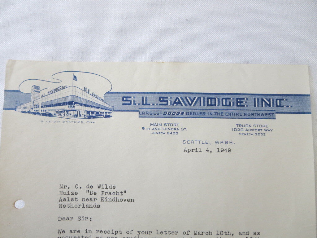 1949 1951 Dodge Plymouth Dealership Letter S.L. Savidge Motors Letterhead