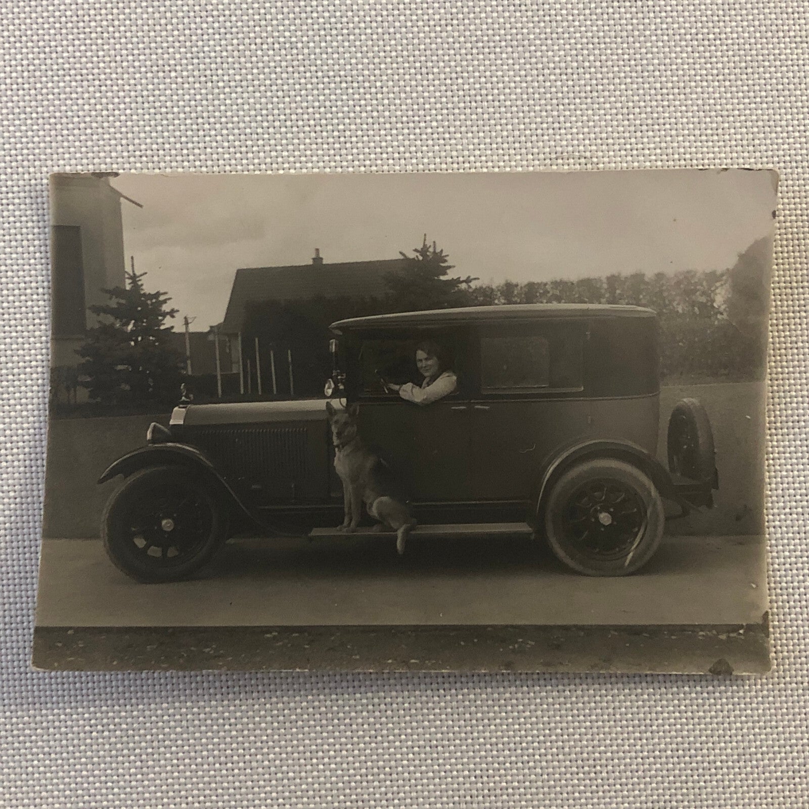 Vintage Dog Photo German Shepherd Car Woman Automobile Photograph AL22SM1