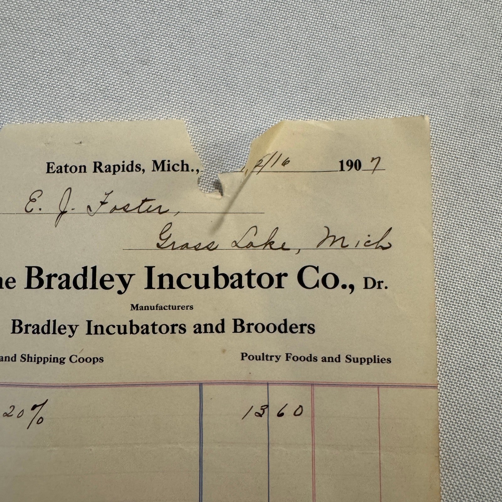 1908 Bradley Incubator Company Eaton Rapids Michigan Invoice Document Antique