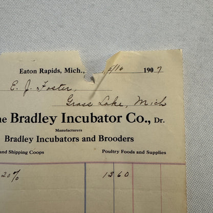 1908 Bradley Incubator Company Eaton Rapids Michigan Invoice Document Antique