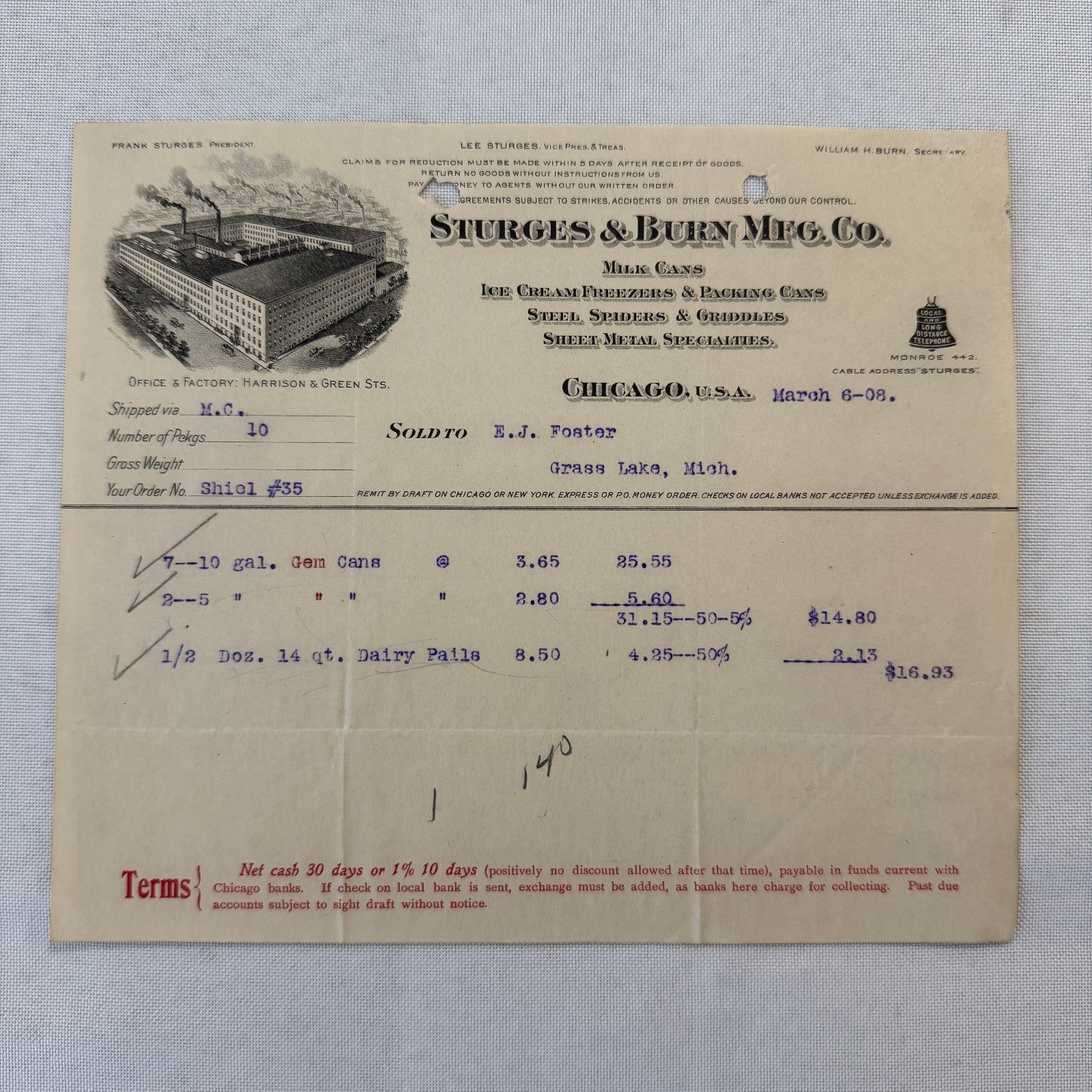 Sturges & Burn Manufacturing Company Chicago 1908 Invoice Document Lot 2x Cans