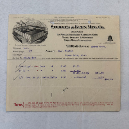 Sturges & Burn Manufacturing Company Chicago 1908 Invoice Document Lot 2x Cans