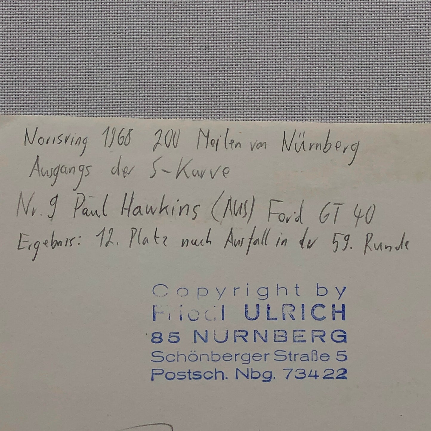 Vintage Ford GT40 Racing Photo Photograph 1968 Paul Hawkins Norisring Circuit 