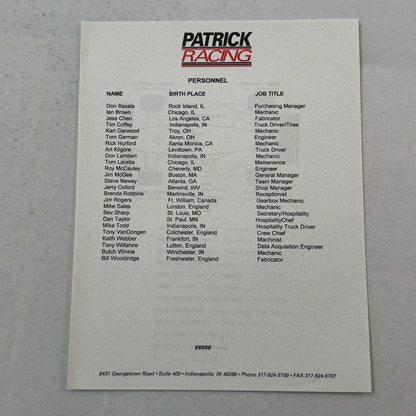 1996 Patrick Racing Press Kit Scott Pruitt IndyCar Vintage Brochure Photos