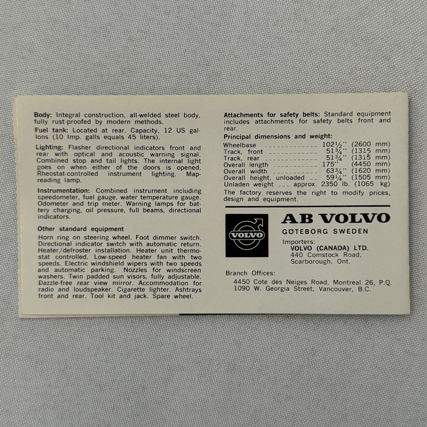 Volvo Canadian Series Car Sales Brochure Catalog Vintage Advertising