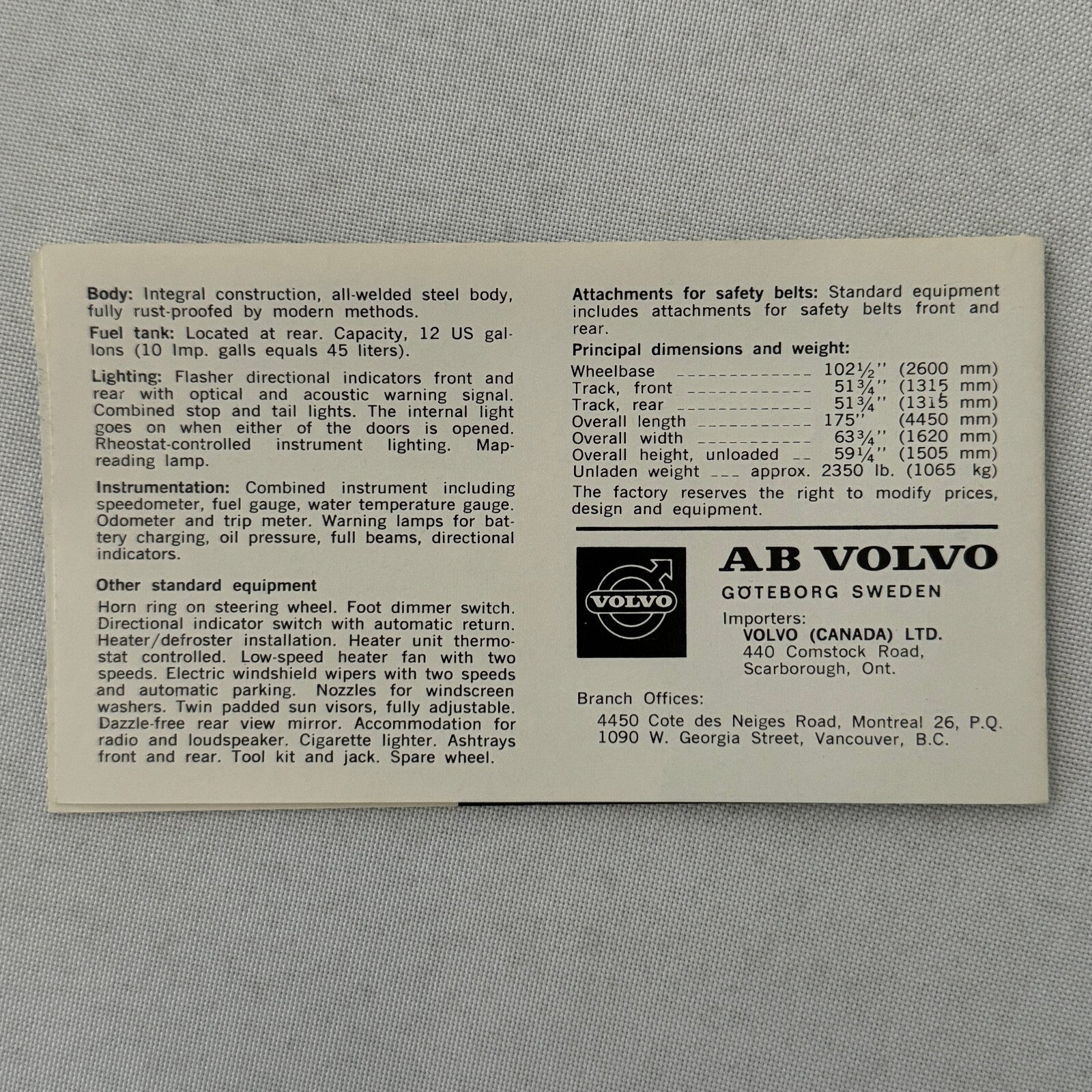 Volvo Canadian Series Car Sales Brochure Catalog Vintage Advertising