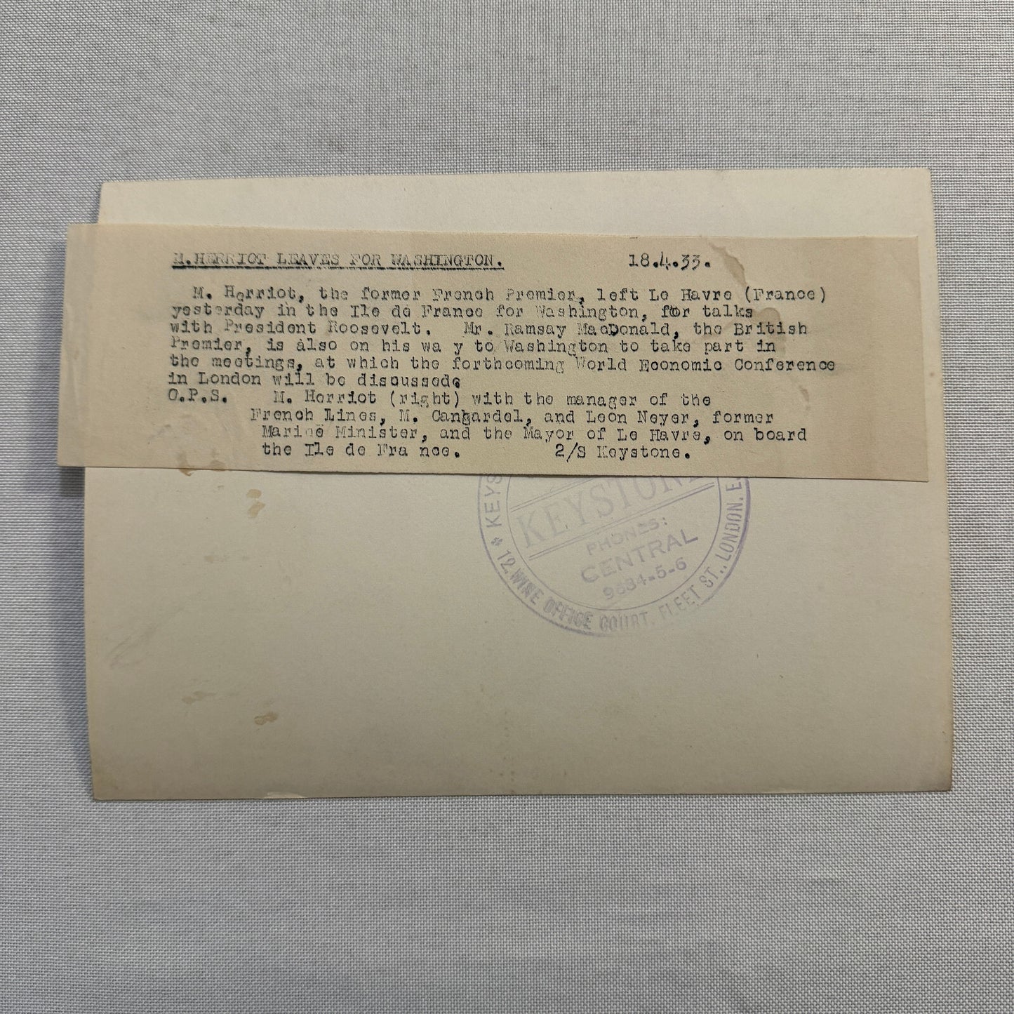 French Premier Edouard Herriot to Washington President Roosevelt Press Photo