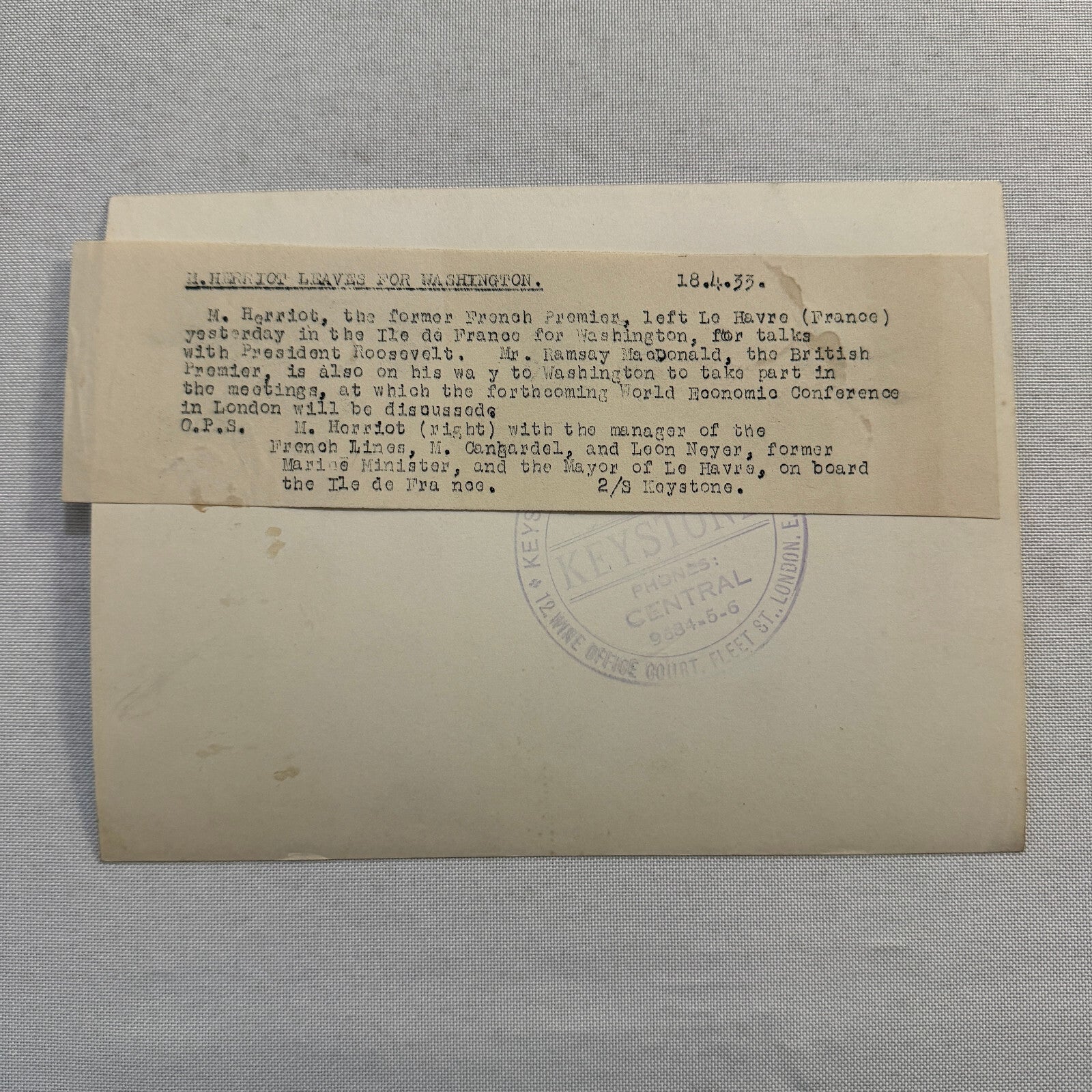 French Premier Edouard Herriot to Washington President Roosevelt Press Photo