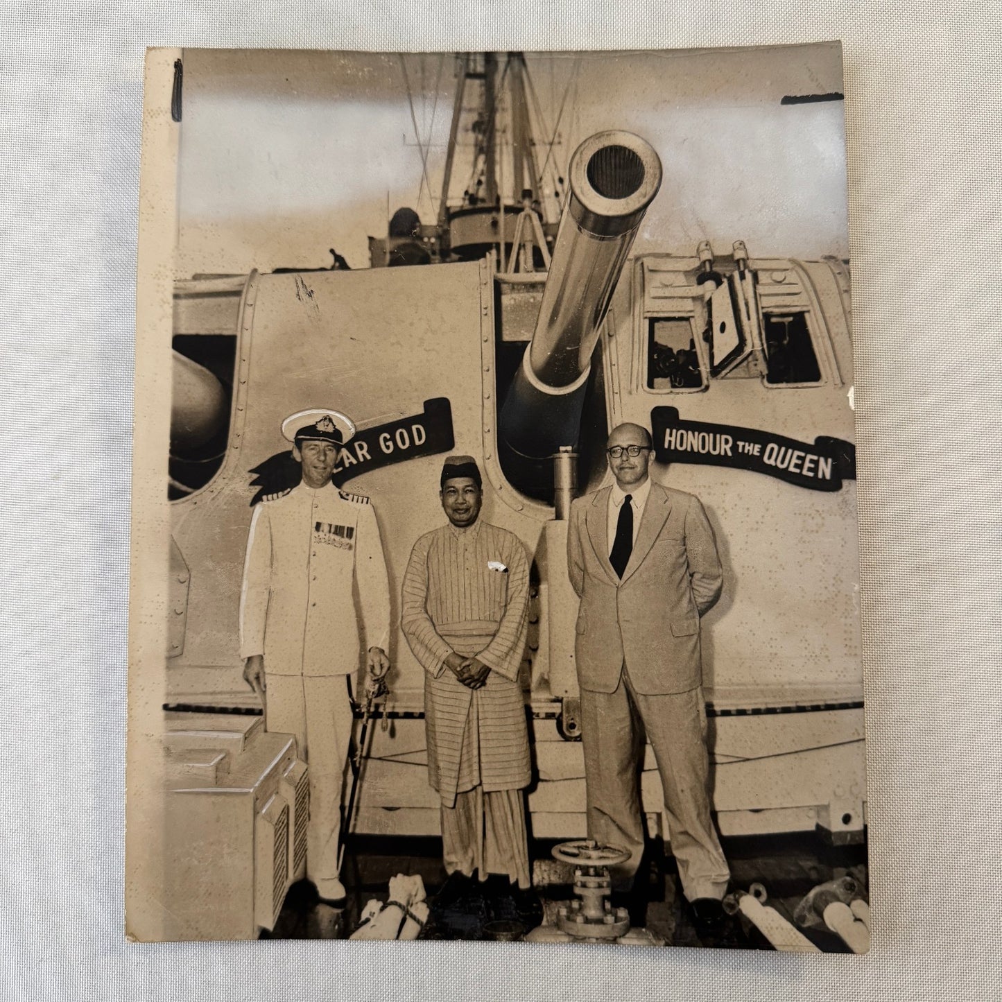 Sultan of Selangor on Battleship Cruiser Newcastle Press Photo Malaysia 1955