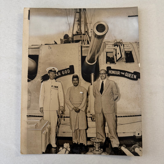 Sultan of Selangor on Battleship Cruiser Newcastle Press Photo Malaysia 1955