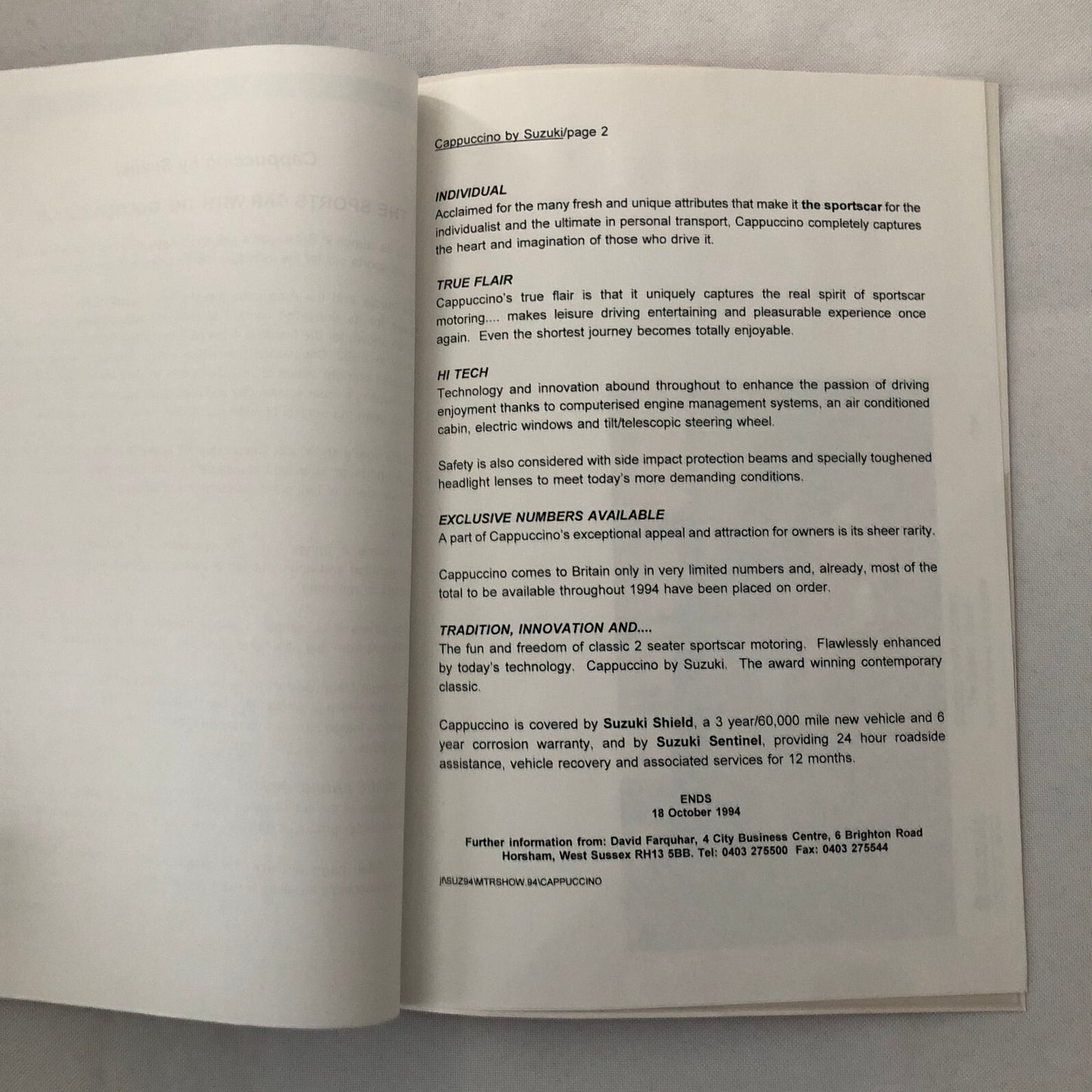 Suzuki Capuccino Press Kit with Photo British UK Brochure