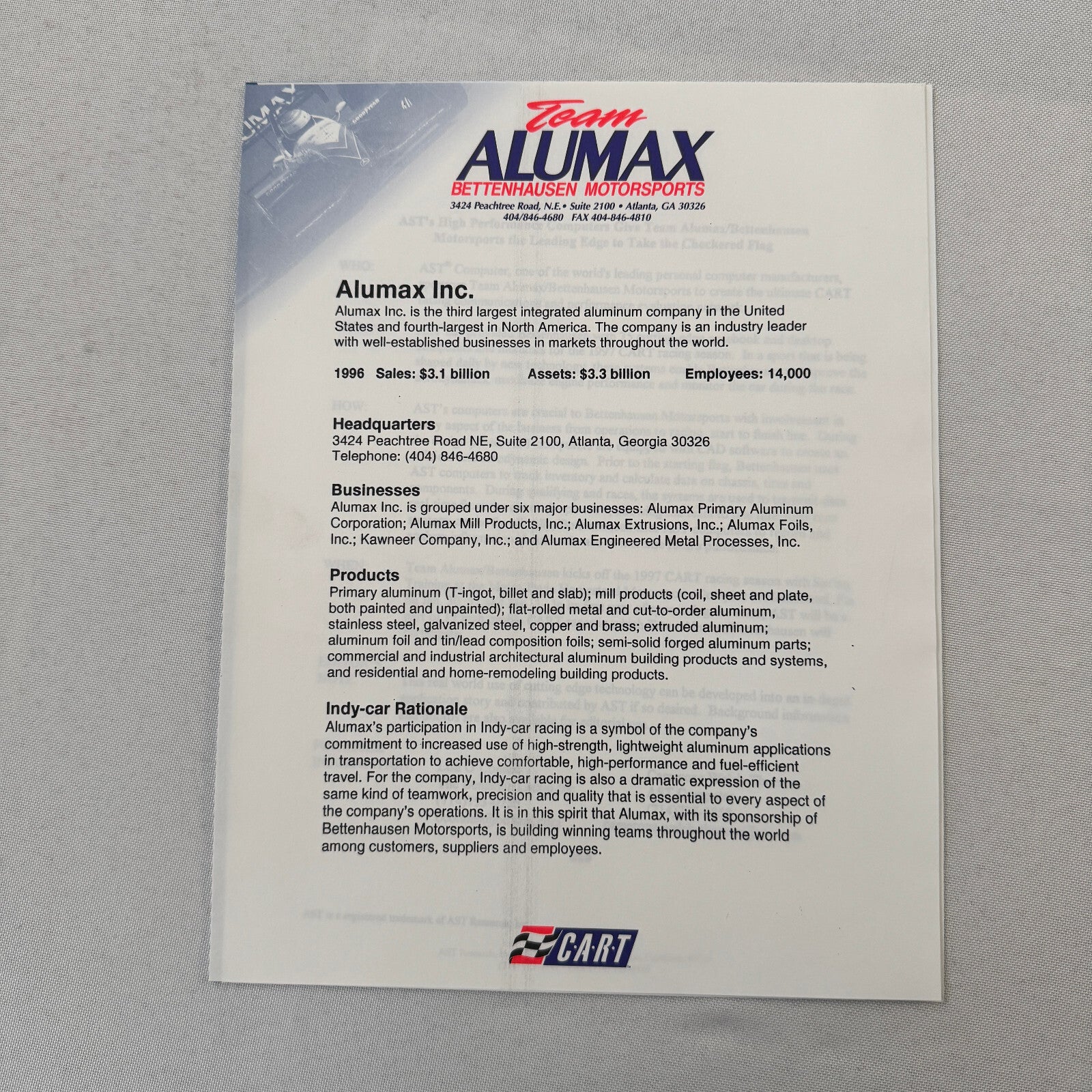Bettenhausen Alumax Racing Press Kit Brochure 1997 CART Patrick Carpentier