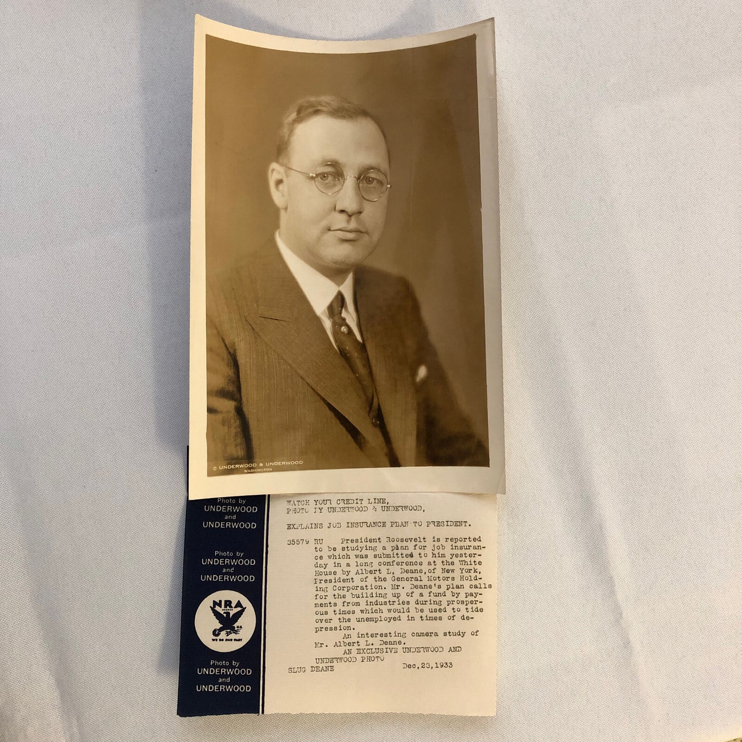 Press Photograph Photo Albert L Deane President Roosevelt Job Insurance 1933