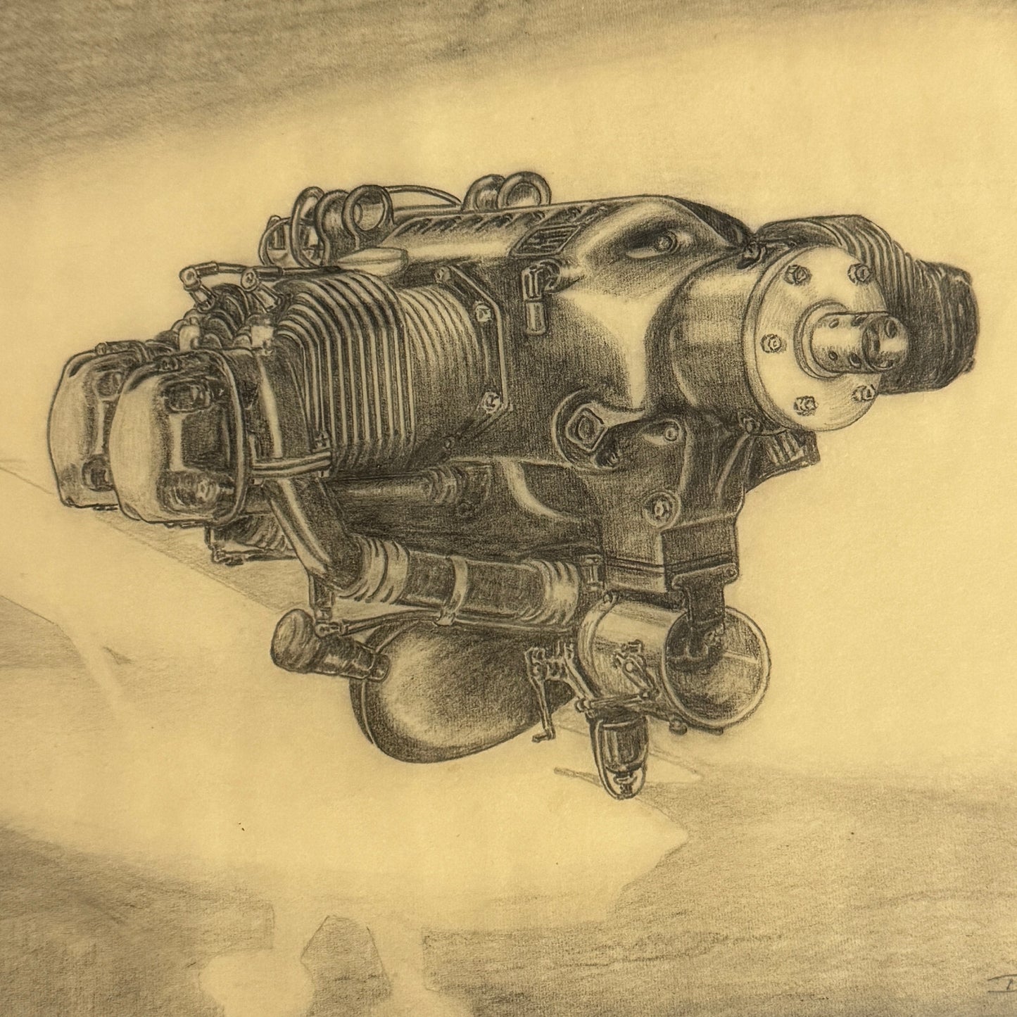 Vintage 1946 Pencil Illustration Drawing Aircraft Engine Motor by Ford Engineer 