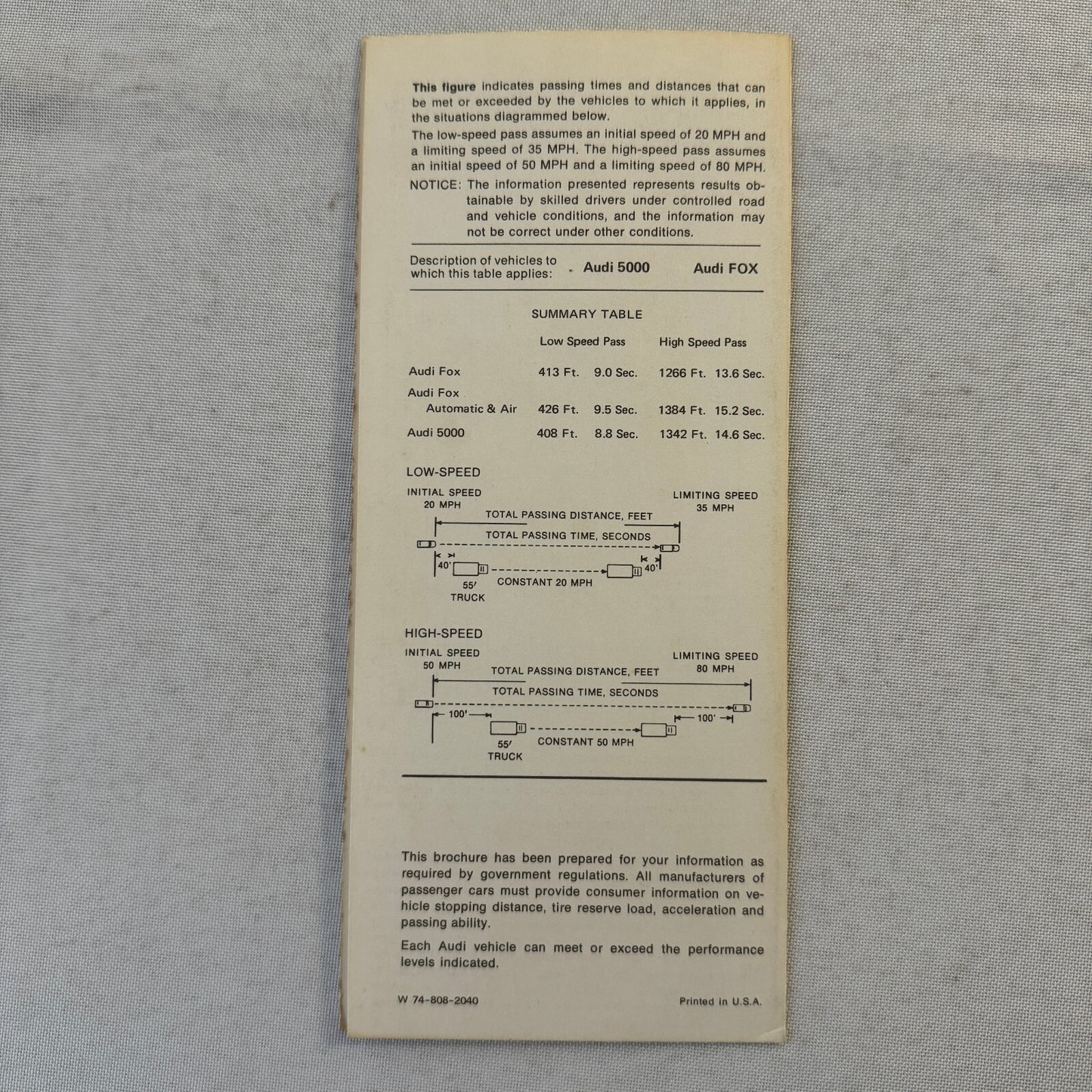 1978 Audi Technical Spec Sales Brochure Catalog Passing Braking and Tire Reserve