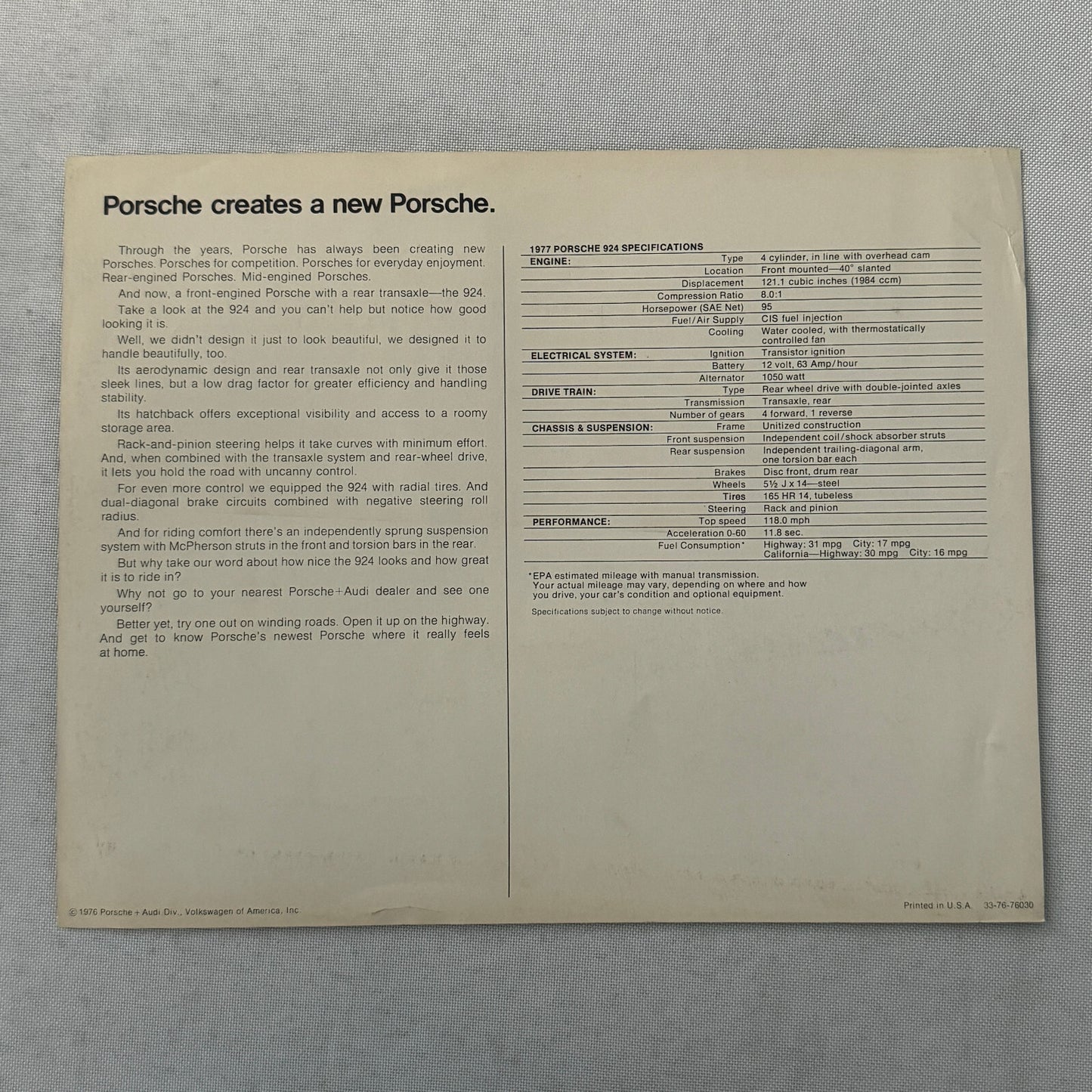 1977 Porsche 924 Car Sales Brochure Catalog Advertising