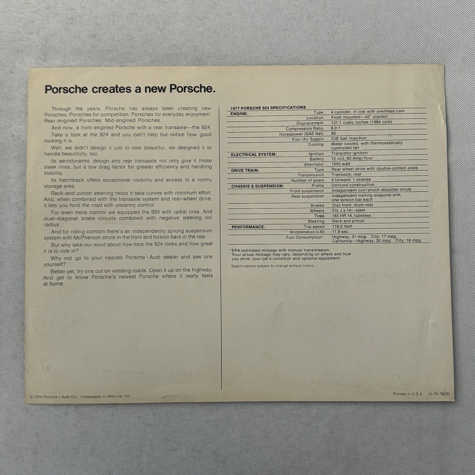 1977 Porsche 924 Car Sales Brochure Catalog Advertising