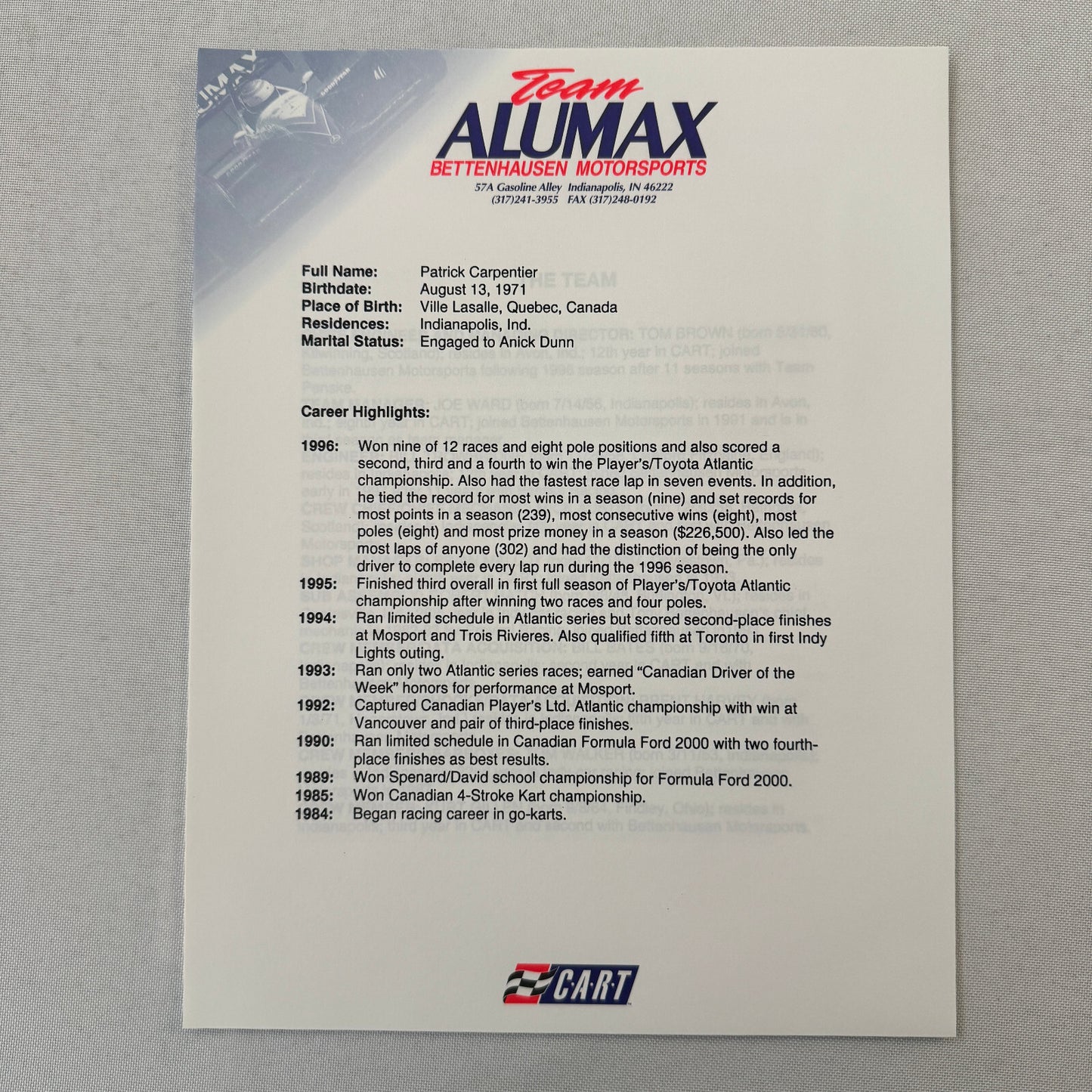 Bettenhausen Alumax Racing Press Kit Brochure 1997 CART Patrick Carpentier
