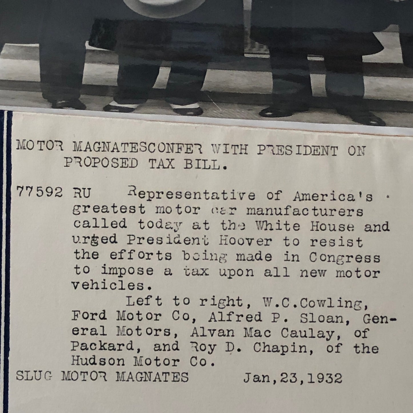 Press Photo Photograph Automakers Lobby President Hoover GM Ford Packard Hudson